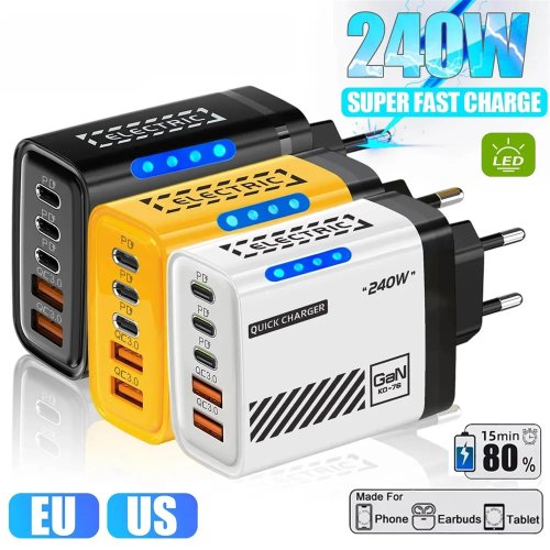شاحن مكتبي 240 واط GaN 5 في 1 USB-C PD QC3.0 شحن سريع لـ MacBook و iPhone 15/16/17 Pro و Samsung و Xiaomi — قابس EU/US