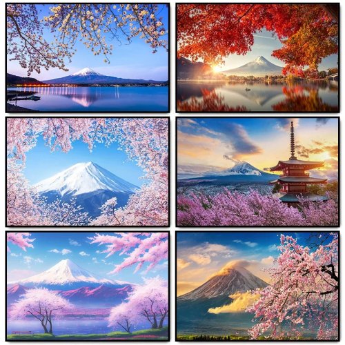 Póster paisaje del Monte Fuji con cerezos en flor y lago - Diamond Painting para decoración