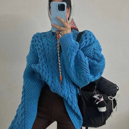 Women's heavyweight knit sweater coat, round neck, loose slimming fit, mid-length, cotton long sleeves