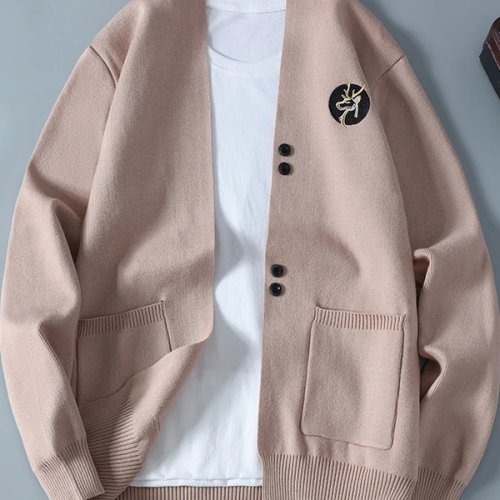 Cardigan homme en maille brodée, coupe slim – Veste-pull légère printemps/automne, style casual