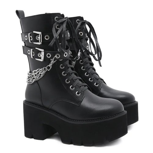 Botins mulher punk/gótica cano curto, salto grosso, plataforma e corrente
