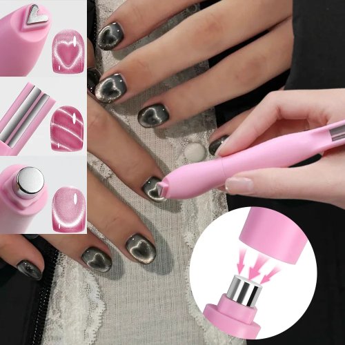 Caneta íman 3 em 1 para unhas - coração e cat eye, linha dupla, lua, cobra e efeito French para verniz gel magnético