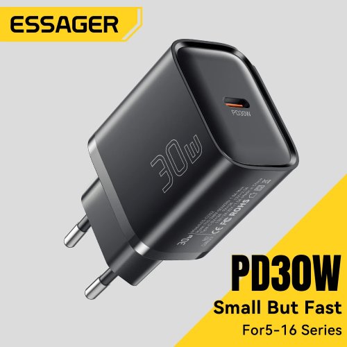 شاحن Essager USB‑C بقدرة 30 واط (PD، QC3.0) — شاحن سريع صغير محمول للسفر لهواتف iPhone 16/15/14/13 Pro وSamsung S25 وXiaomi وiPad