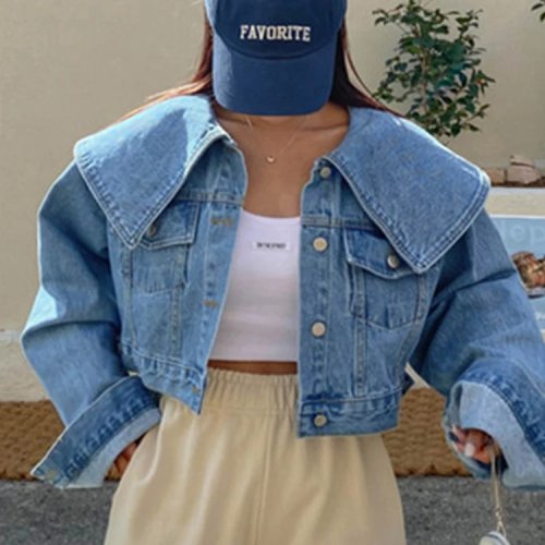 Women's retro doll-collar short denim jacket — Korean style autumn/winter cropped jean jacket