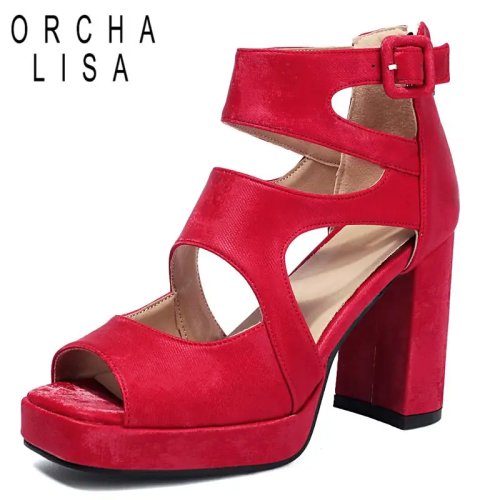 Sandales femme ORCHA LISA — bout carré, talon bloc 9,5 cm, plateforme 2 cm, fermeture éclair et boucle, grandes tailles jusqu'à EU 47, vert/noir/beige/rouge