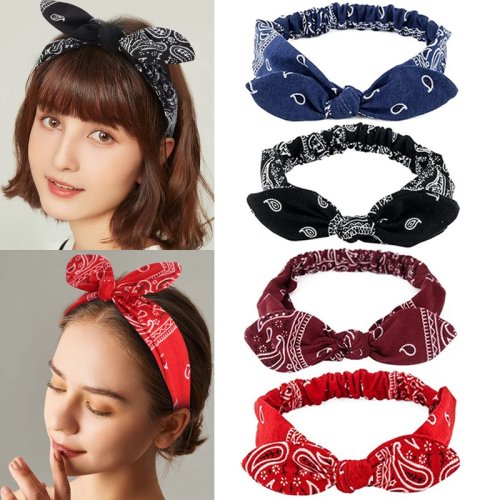 Bando pita boho untuk wanita - bandana motif paisley vintage, bermotif bunga, elastis model telinga kelinci
