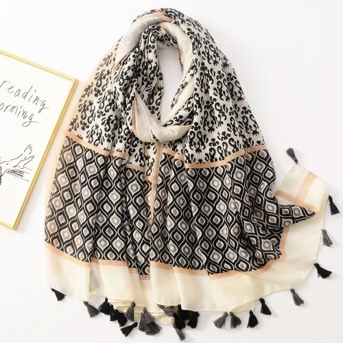 Szalik/hijab w stylu vintage z geometrycznym wzorem, duży bawełniany szal z frędzlami — ręcznik plażowy/chusta na głowę dla kobiet, elegancki na co dzień