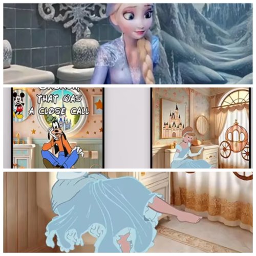 バスルーム用おもしろキャンバスプリント：白雪姫とグーフィーがトイレにいるクラシックなプリンセスポスター