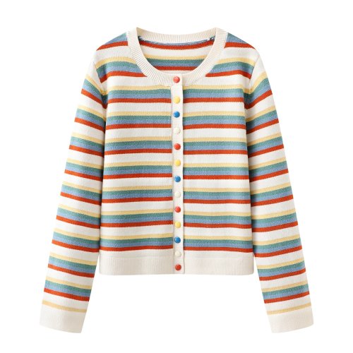 Cardigan donna in maglia collo tondo, righe color block, vestibilità oversize, stile vintage, maniche lunghe, lunghezza corta