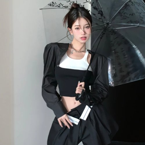 Letni komplet streetwear plus size damski – spódnico-spodnie (skort) z wysokim stanem wyszczuplające, bluzka z długim rękawem i okrągłym dekoltem, do pracy/na co dzień