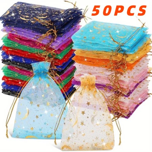 Lot de 50 pochons en organza lune et étoiles à cordon – sachets dorés pour bijoux, cadeaux, mariage, Noël