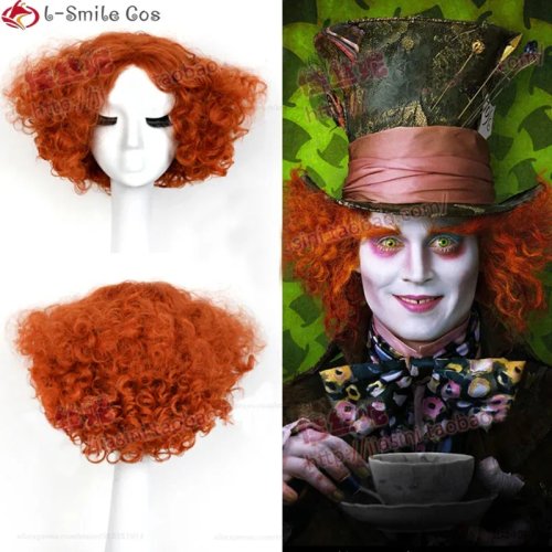 Candy 2025 Mad Hatter korte krullende pruik oranje-rood – Alice in Wonderland cosplay, Halloween, verkleedfeest