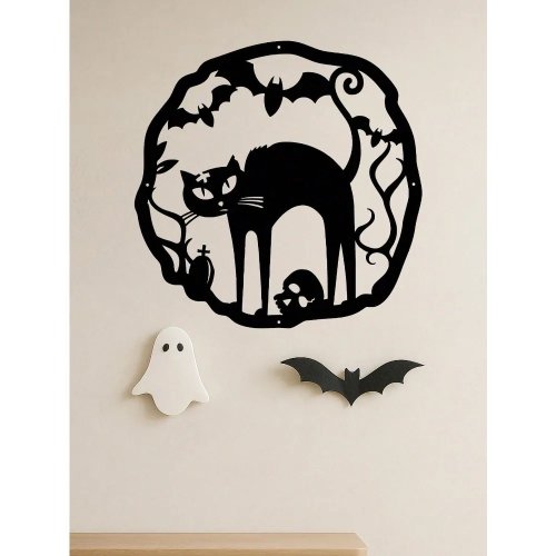 Decoración de pared de metal Halloween gótica cortada a láser – Gato negro, murciélago y esqueleto, antióxido para porche e interior/exterior