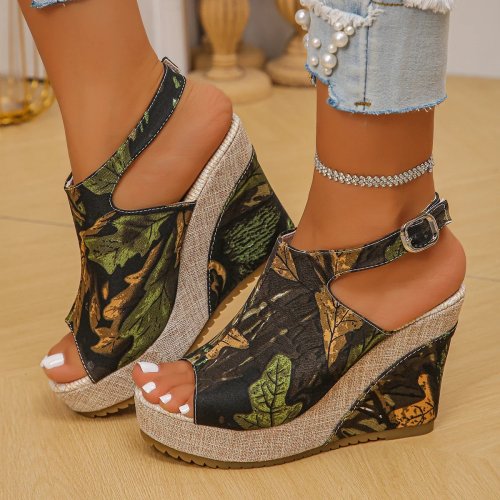 Dames sleehak plateau sandalen, dubbele gespbandjes, stro-geweven bovenwerk met denim detail, dikke zool, zomerse casuals