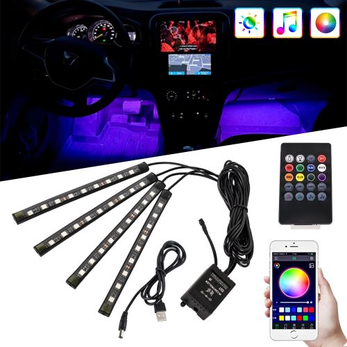 Luce ambient LED per auto (zona piedi) — striscia decorativa interna, alimentazione USB / accendisigari 12V, sincronizzazione musica
