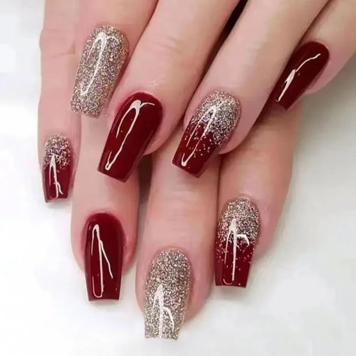 Unhas Postiças Press-On Borgonha com Brilho Dourado – Estilo Noiva, Comprimento Médio, Acrílicas Reutilizáveis, para Festas e Ano Novo, Venda por atacado