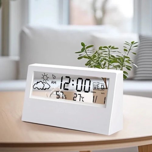 Reloj de sobremesa LCD transparente con alarma, calendario, previsión del tiempo y pantalla digital de temperatura y humedad