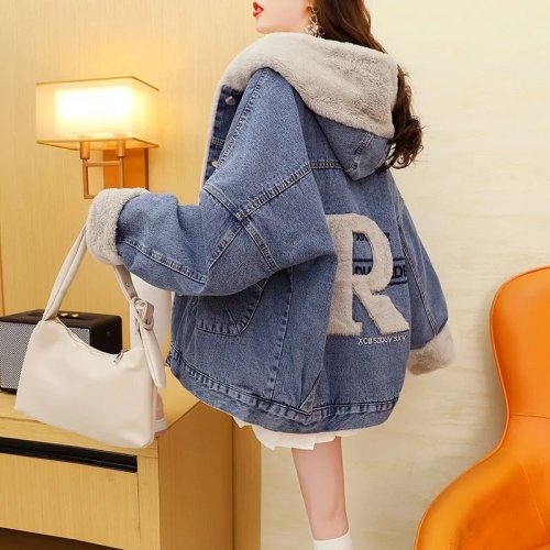 Veste en jean oversize femme, doublure polaire, brodée (lettres), à capuche — manteau épais et chaud