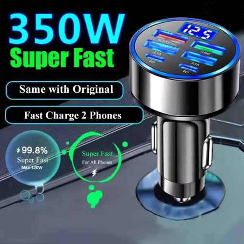 Adapter samochodowy USB-C 6 w 1 z wyświetlaczem napięcia, podwójne PD szybkie ładowanie do iPhone 15 Pro Max, Samsung, OPPO, Huawei