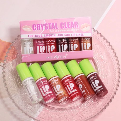 Set 6 pcs lip gloss dengan cermin — Melembapkan, ringan, warna tipis berkilau (peach, cherry, pink)