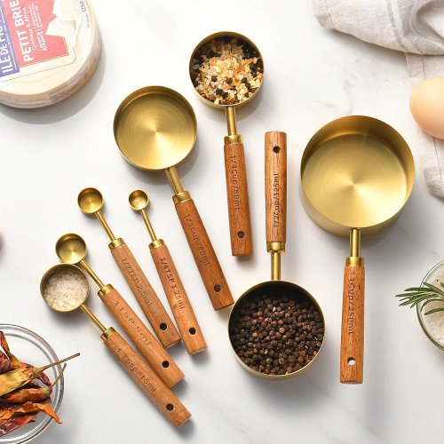 Stainless Steel Measuring Cups & Spoons Set with Wooden Handle — Baking Kitchen Measuring Utensils