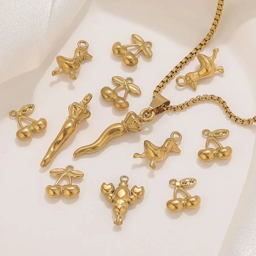 Conjunto de 5 pendentes em aço inox folheados a ouro (pimenta/cereja/lagosta) — à prova de água, para brincos e colares DIY