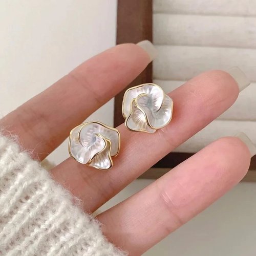 Boucles d'oreilles puces femme en argent 925, fleur émaillée blanche style coréen, multicouche, petit modèle
