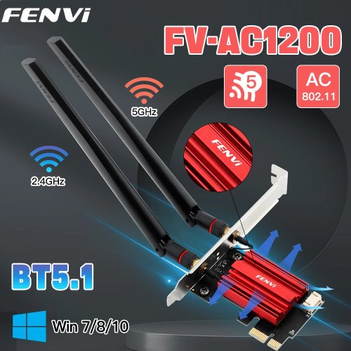 Carte Wi‑Fi PCIe FENVI WiFi 5 (802.11ac) AC1200 double bande 2,4/5 GHz avec Bluetooth 4.0 pour PC de bureau Windows 10/11