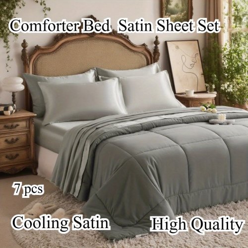 Parure de lit satin 7 pièces – luxueuse, douce, soyeuse, respirante et hypoallergénique, drap-housse à bonnet profond (1 drap‑housse, 1 drap plat, 1 housse de couette, 4 taies d'oreiller)