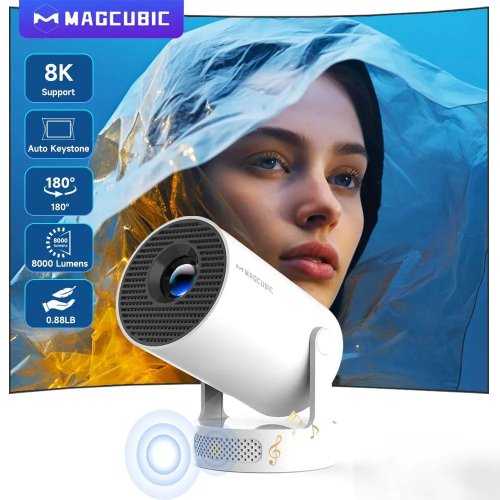 Magcubic 8K HY300 Pro+ Proyector portátil para exteriores, 1280×720 Android 14, 8000 lúmenes, bocina 5W integrada, Wi‑Fi 6 y Bluetooth 5.4