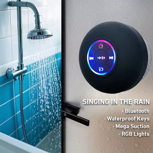 Speaker Bluetooth portatile con luce LED, IPX4 resistente all'acqua (spruzzi), suono stereo e grande ventosa per doccia e esterno