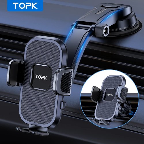 Supporto auto TOPK per smartphone – Ventosa e clip per bocchetta d'areazione, da cruscotto, compatibile con iPhone/Samsung/Xiaomi
