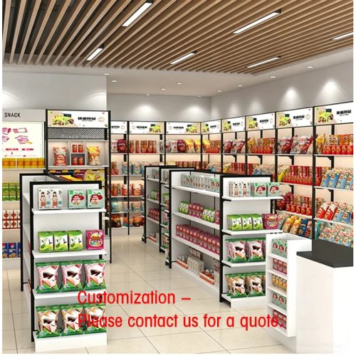 Gondole magasin double‑face — unité de départ et modules additionnels avec tête de gondole pour présentation, personnalisable