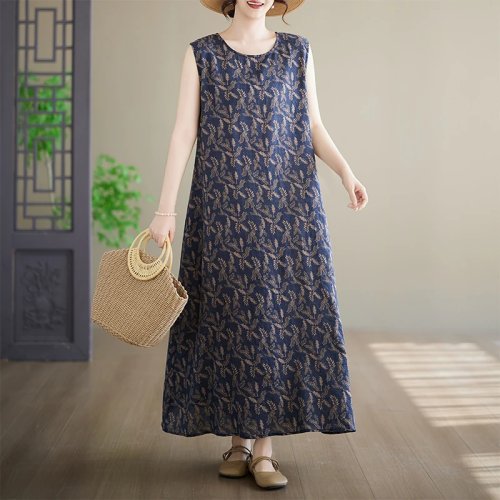 Vestido feminino tamanho grande em algodão com padrão floral, sem mangas, decote redondo, corte evasé até ao joelho, estilo étnico, ajuste solto