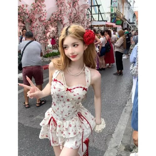 Conjunto 2 peças mulher: top de alças com estampa floral e laço patchwork + saia balão, estilo Y2K