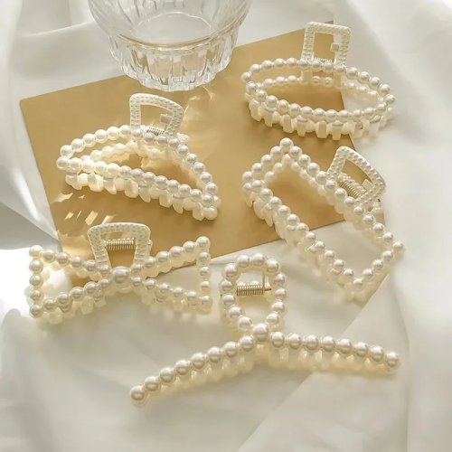 Large Geometric Hair Claw Clip with Imitation Pearls for Women