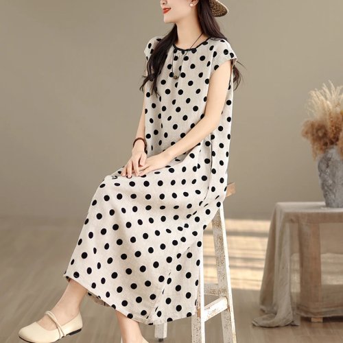 Women's Cotton-Linen Polka Dot A-line Midi Dress  Loose, Lightweight  Summer Casual, Slimming Fit | BestPickPlus