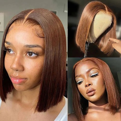 13x4 Lace Front Bob-pruik van echt haar, bone-straight, transparante lace frontal, kleur nr.4 chocoladebruin