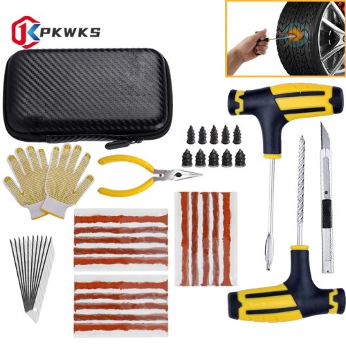 Bộ vá lốp ô tô — nút vá (plug), dụng cụ cấy chữ T, miếng vá và keo sửa chữa khẩn cấp