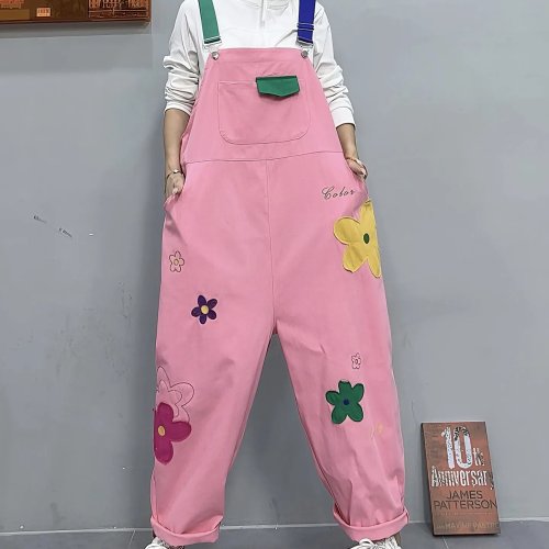 Macacão de ganga feminino bordado com alças – Primavera/Outono