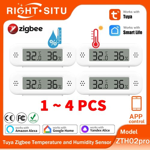 Tuya Zigbee 3.0 ミニ温湿度センサー — スマートホーム用温度計・湿度計、アプリ遠隔操作、Yandex／Alexa対応（1〜4個）
