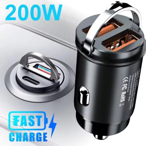 Carregador Automóvel Mini USB‑C PD + QC3.0 100W/200W 12–24V — Carregamento rápido para iPhone, Samsung, Xiaomi, Huawei