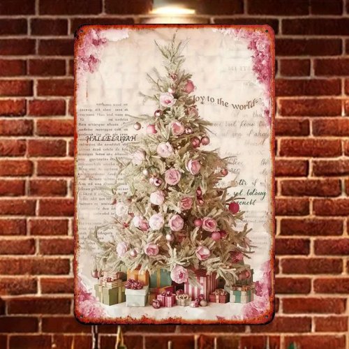 Vintage rosa Weihnachtsbaum Metallschild – Rundes Eisen-Wanddekor für Bars, Cafés & Clubs, flach bedruckt, zum Aufhängen
