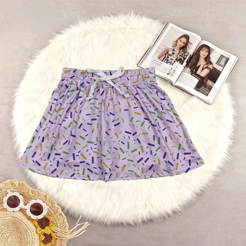 Conjunto bebé niña verano — falda y short morado con estampado de chispitas