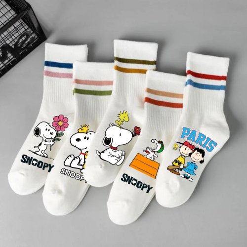 Chaussettes Snoopy femme courtes en coton, rayées, style cartoon/kawaii, respirantes, printemps/automne