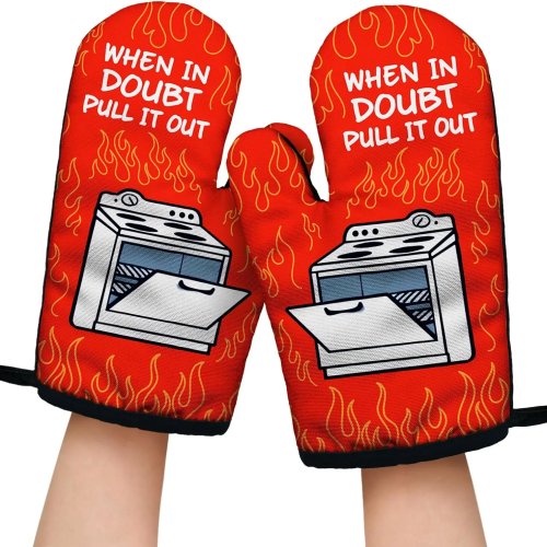 Funny 'When in Doubt, Pull It Out' oven mitts with hanging loop — 2-piece baking gloves set, gift for women & men