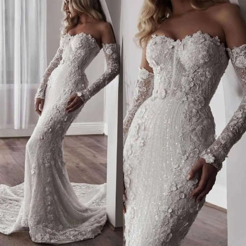 Abito da sposa stile sirena senza spalline in pizzo con applicazioni floreali — taglie grandi, colore personalizzabile