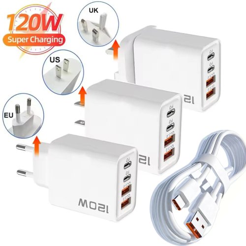 شاحن 120W 4 منافذ USB‑C PD3.0 محطة شحن سريع مع كابل بيانات، محول حائط لـ iPhone و Samsung و Xiaomi و Huawei (قابس EU/US)