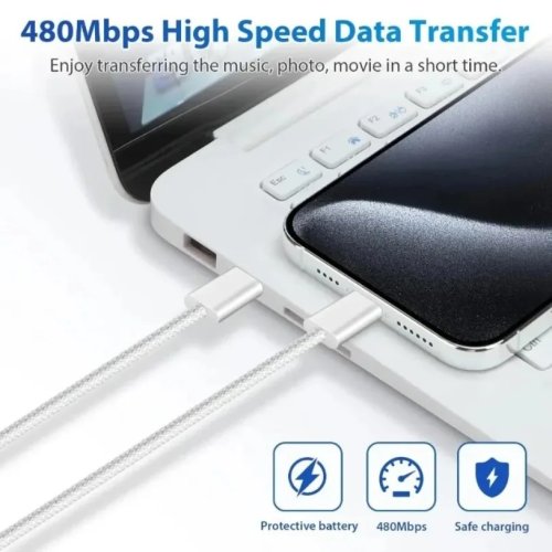 Cabo USB-C para USB-C trançado 60W PD carregamento rápido compatível com iPhone 16/15, Samsung, Xiaomi, Huawei