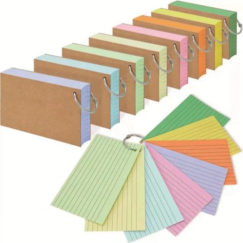 Cartes de révision colorées avec anneau métallique — papier épais et lisse, lignées; sans transparence d'encre